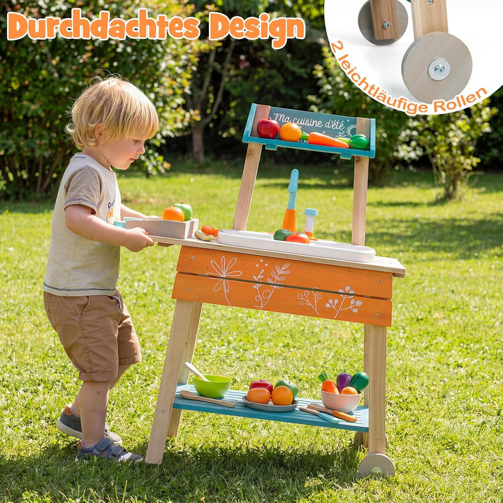 COSTWAY Matschküche Kinder Outdoor, Kinderküche Holz inkl. Spülbecken mit Wasserpumpfunktion, Garten