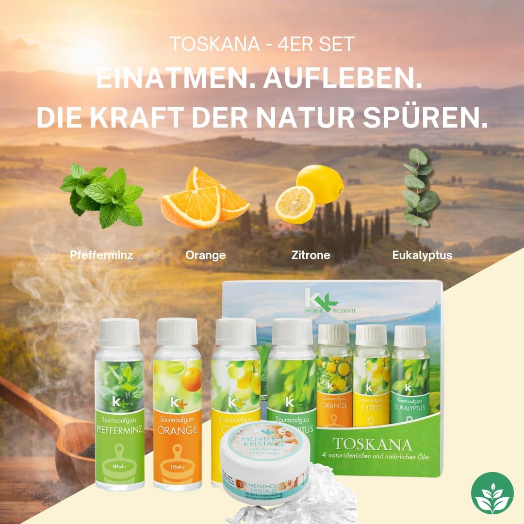 Sauna Set | KK Saunaaufgussset 4 x 100 ml + 50g Mentholkristalle | Saunakonzentrat + Menthol-Kristal