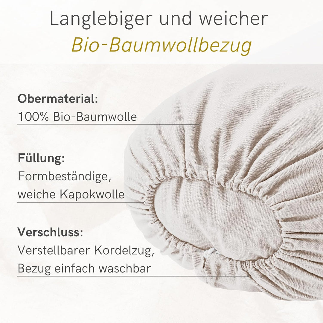 Lotuscrafts® Bolster Yoga Nackenrolle für Yin, 100% Kapok Füllung, Bezug aus Baumwolle waschbar, Kis