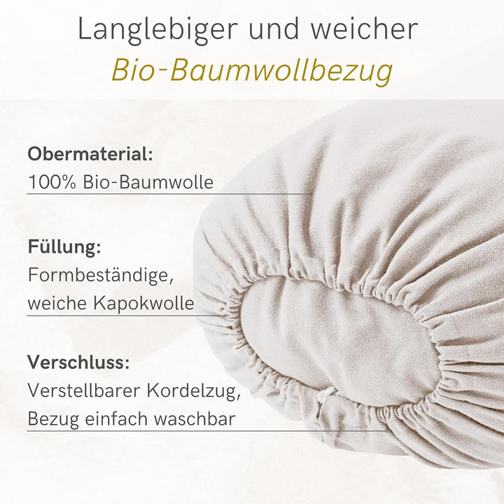 Lotuscrafts® Bolster Yoga Nackenrolle für Yin, 100% Kapok Füllung, Bezug aus Baumwolle waschbar, Kis