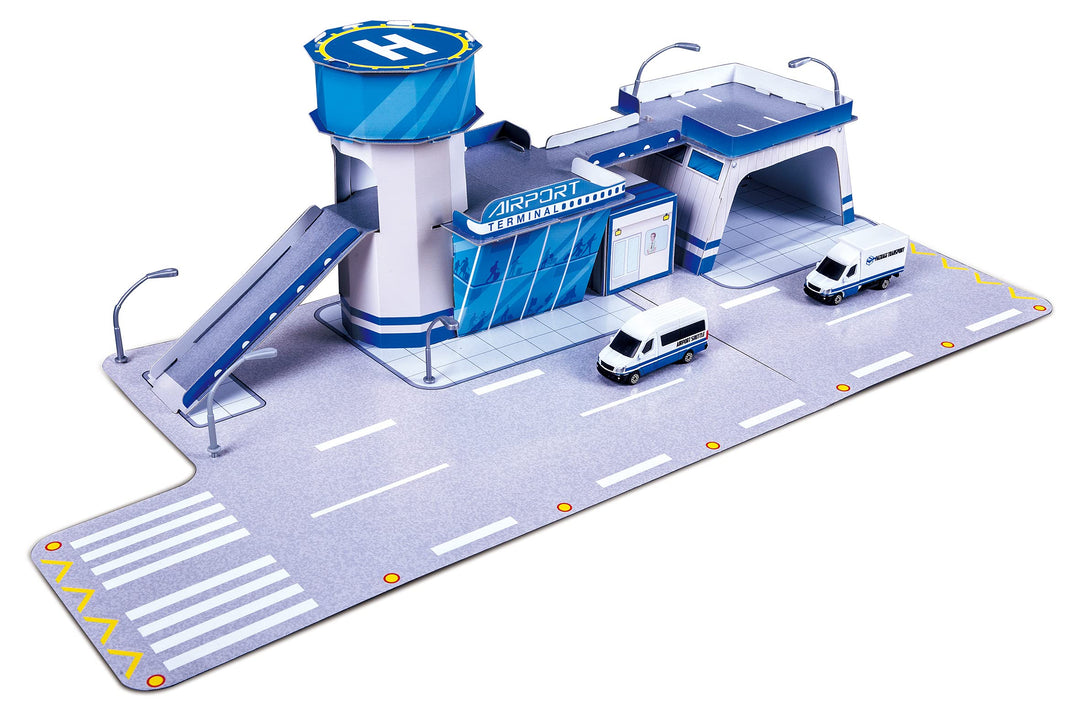 Maisto Built-N-Play Airport Set: Spielzeuggebäude aus Karton, inklusive Zubehör und 2 Fresh Metal Sp