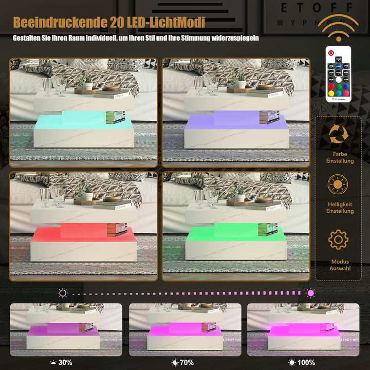 KEEPREAPER Couchtisch LED, Wohnzimmertisch mit 2 Schubladen für Wohnzimmer 78 x 78 x 40cm (Weiss Mar