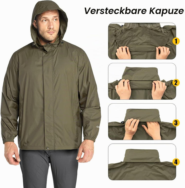 33,000ft Regenjacke Herren Leicht Wasserdicht Faltbare Regenmantel mit Kapuze Fahrrad Rain Windbreak