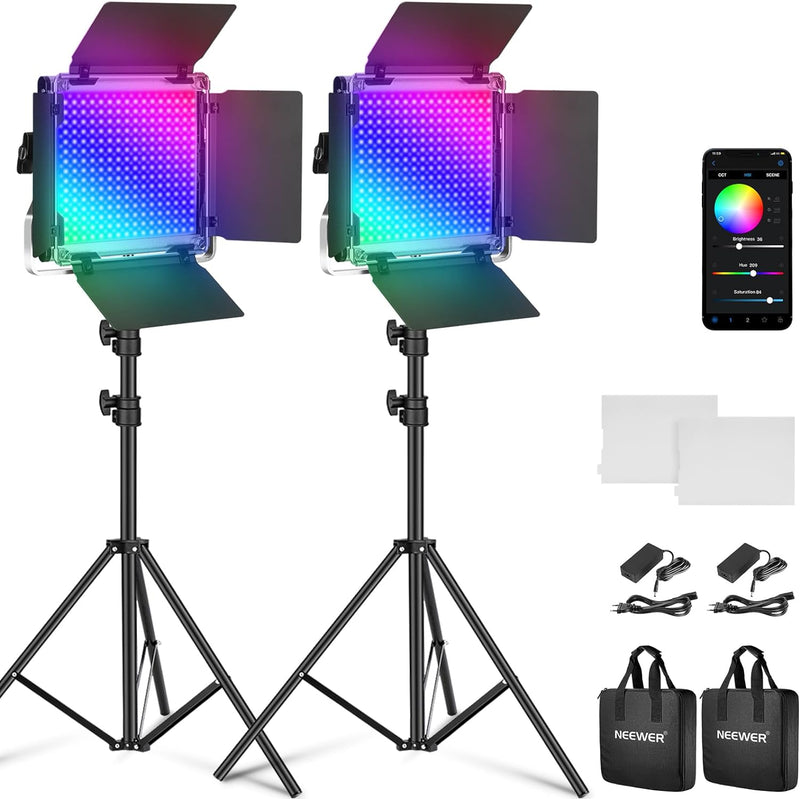 NEEWER 2 x 660 PRO RGB LED Videoleuchte Panel mit Stativ Ständer Set App Steuerung 360° Vollfarbe Vi