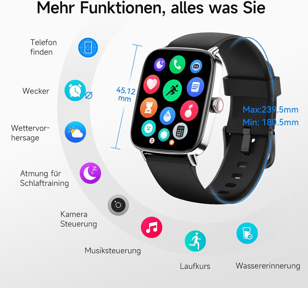 Smartwatch Herren Damen mit Telefonfunktion,1.85" HD Uhren mit Herzfrequenz Schlafmonitor SpO2 Schri