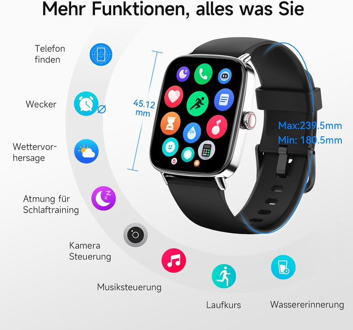 Smartwatch Herren Damen mit Telefonfunktion,1.85" HD Uhren mit Herzfrequenz Schlafmonitor SpO2 Schri