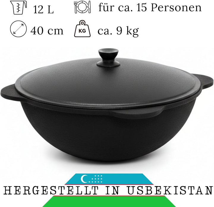 Wok Gusseisen 12 L (runder Boden) Kazan mit Schaumkelle NAMANGAN Uzbek Kasan Uzbekisch Asia WOK Cast