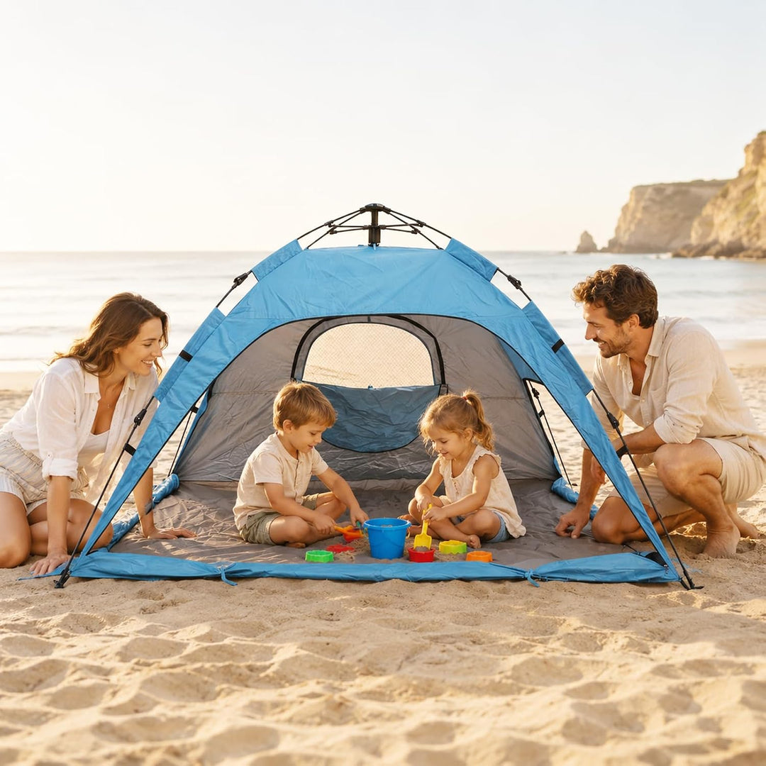 Strandmuschel Pop Up für 2-3 Personen – Automatisches Strandzelt mit Verlängerter Matte, 2 Fenster f