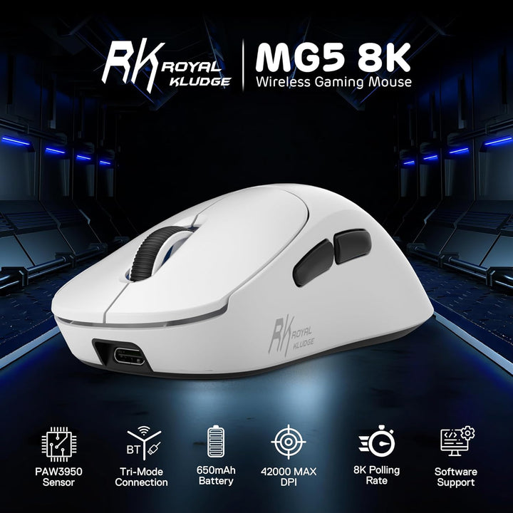 RK ROYAL KLUDGE MG5 8K kabellose Gaming Maus, 42K DPI PAW3950 Sensor, 56g leichte ergonomische, dopp