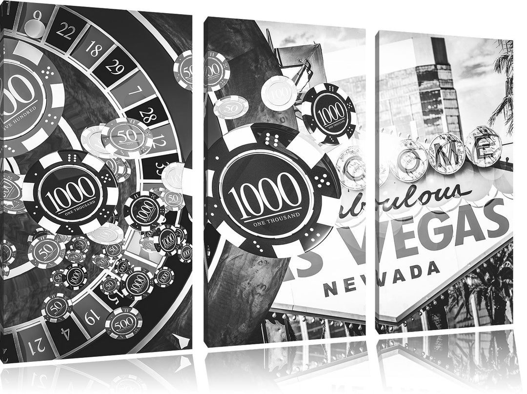 Pixxprint Las Vegas Casino Roulette Kunst B&W 3-Teiler Leinwandbild 120x80 Bild auf Leinwand