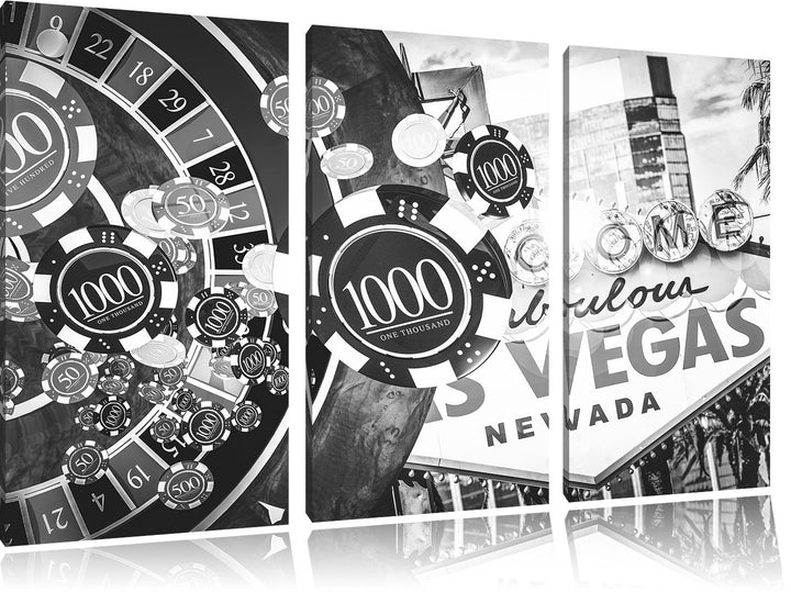 Pixxprint Las Vegas Casino Roulette Kunst B&W 3-Teiler Leinwandbild 120x80 Bild auf Leinwand