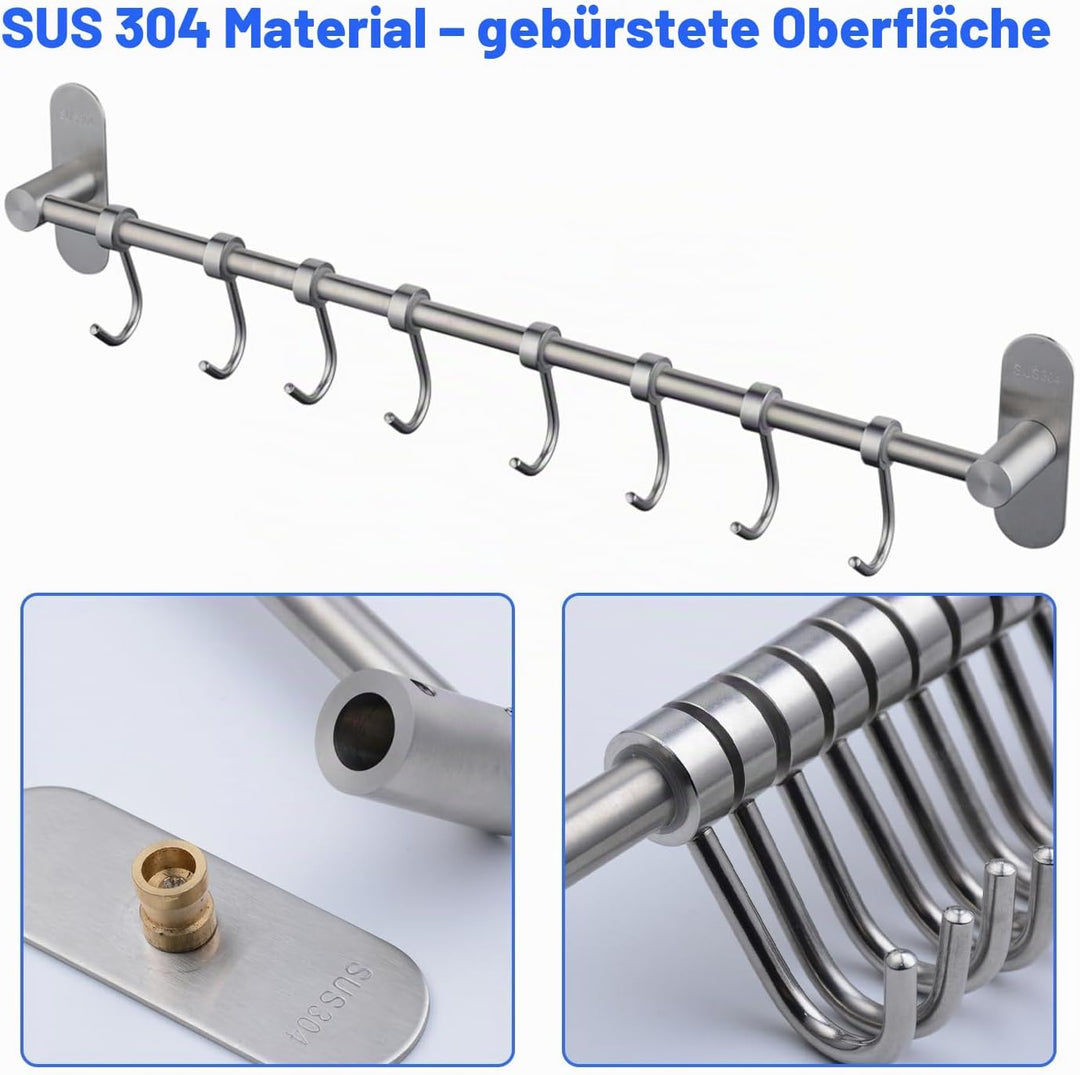 Geschirr hängende Rack mit 8 abnehmbaren Haken keine Bohrung, Edelstahl Küche Schiene Pfanne Hanger
