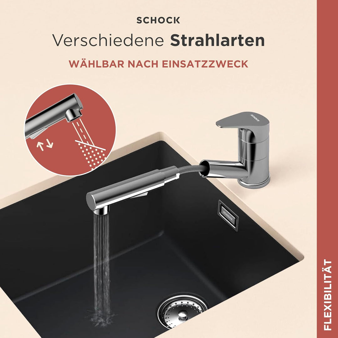 SCHOCK Küchenarmatur Evinas Edelstahl – Hochdruck Armatur mit ausziehbarer Schlauch-Brause und Umsch
