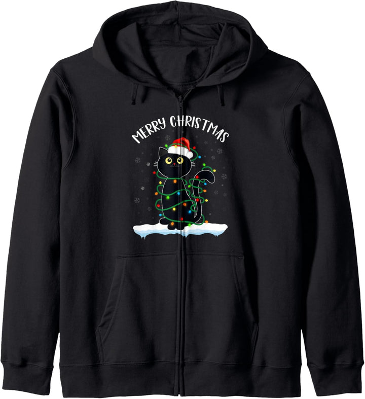Schwarze Katze Weihnachtslicht Frohe Weihnachten Katze Männer Frauen Kinder Kapuzenjacke