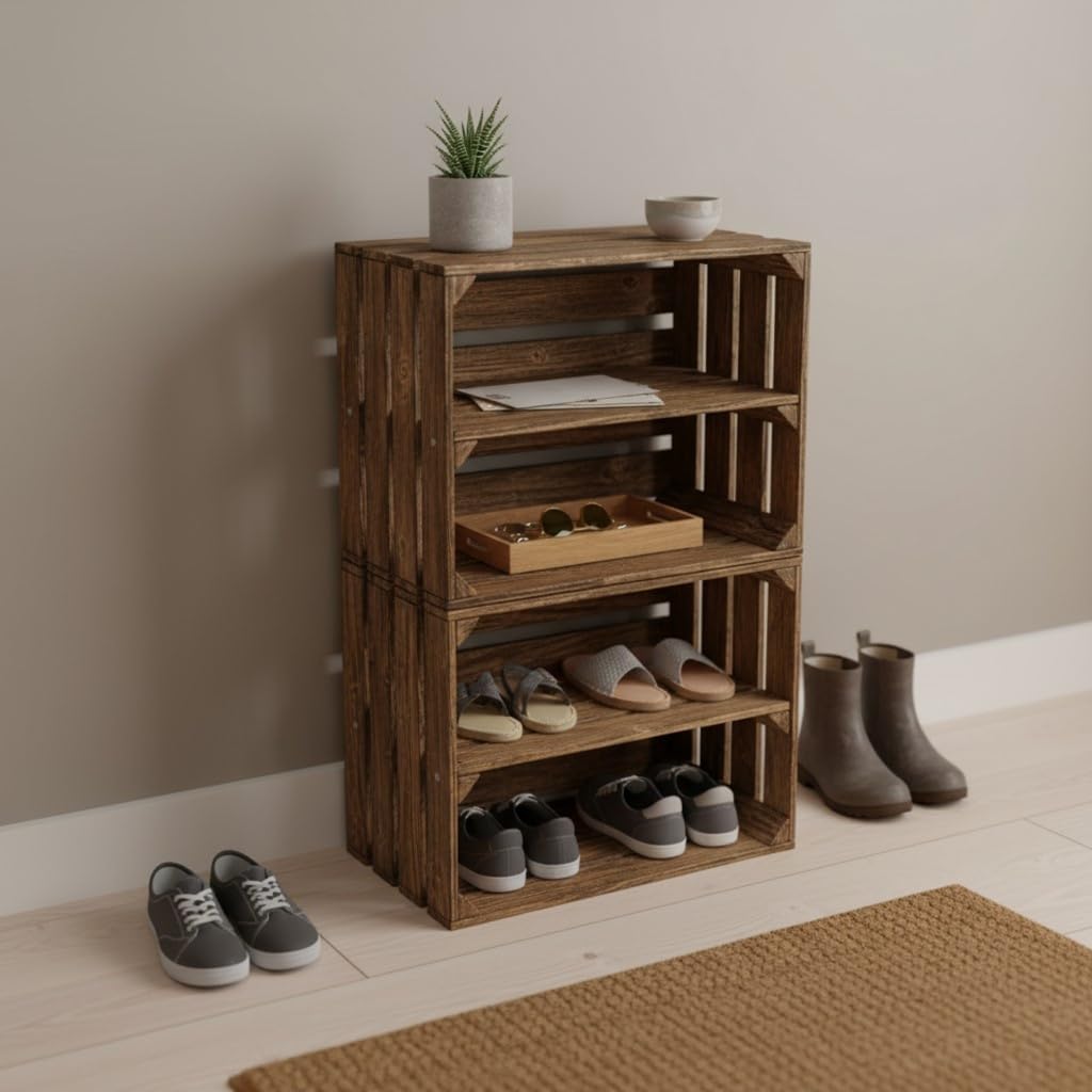Teramico Holzkisten Obstkisten Weinkisten geflammt dunkel 50 x 40 x 30cm in tollen Set-Angeboten als