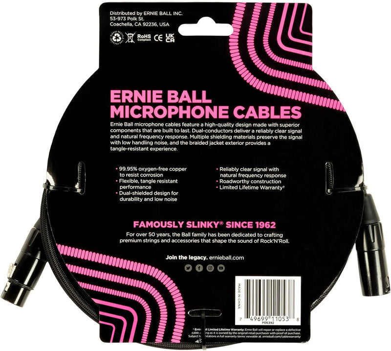 Ernie Ball Geflochtenes XLR-Mikrofonkabel männlich/weiblich 6,10 m (20 ft) - Schwarz Braided Black 6