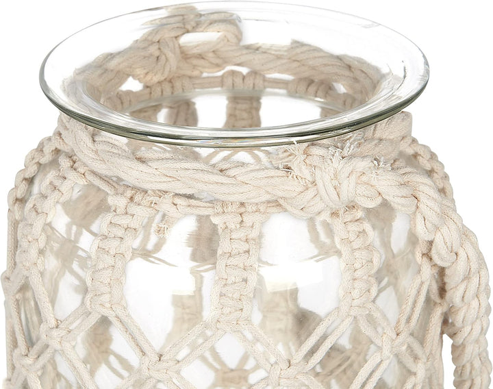 Laterne Glas weiss 31 cm mit Griff Makramee geflochten Tischdeko Boho Jalebi
