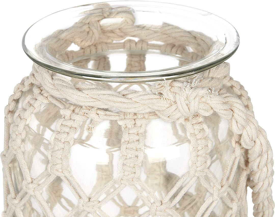 Laterne Glas weiss 31 cm mit Griff Makramee geflochten Tischdeko Boho Jalebi