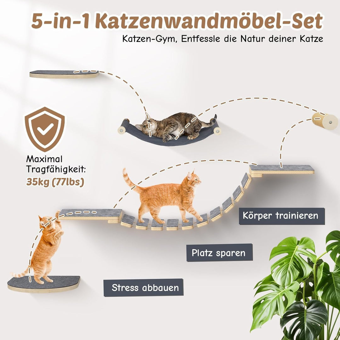 5-in-1 Katzen Kletterwand Set - aus Birkenholz | Katzen Wandelemente mit Katzenbett & Laufsteg | Max