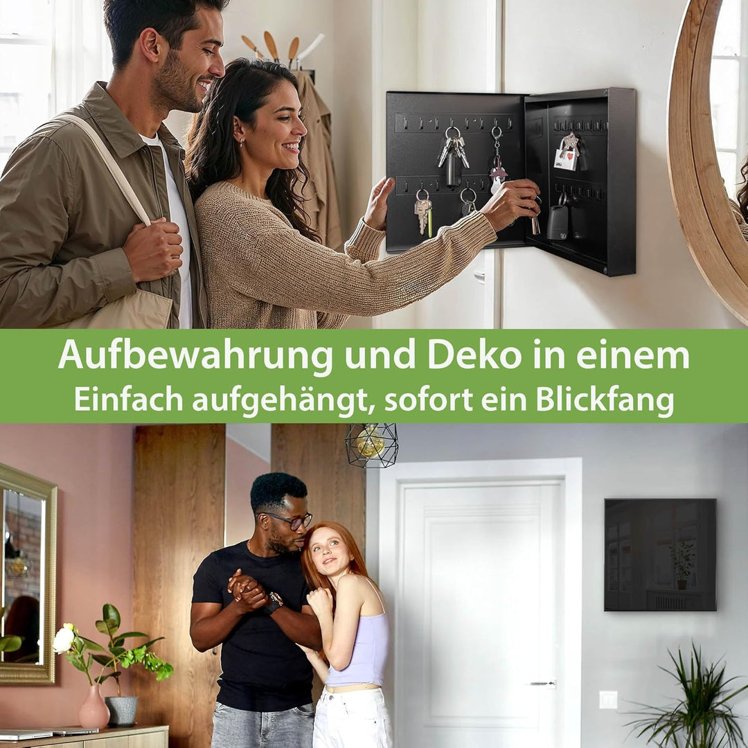 banjado® Grosser Schlüsselkasten Glas/Schlüsselbox 30cm x 30cm mit 50 Haken - Motiv Tiefschwarz/Schl