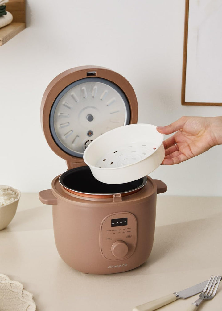 CREATE Rice Cooker Studio, elektrischer Reiskocher, 2 l, Mokka, programmierbar bis 24 Stunden, berei