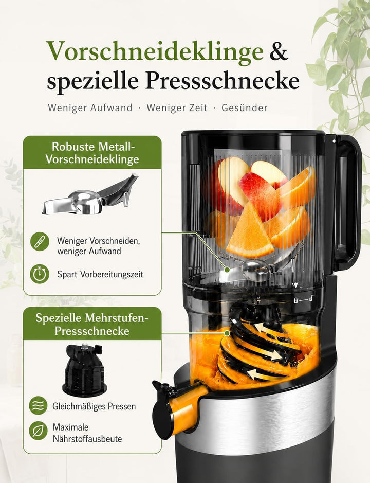 Entsafter BPA-frei Tritan, Slow Juicer für Gemüse und Obst Testsieger, 130 mm Einfüllöffnung, 1,5 L