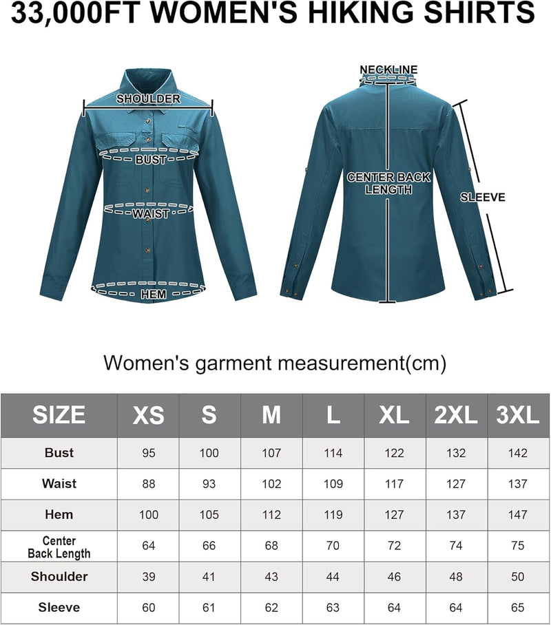 33,000ft Hemd Damen UPF50+ UV Schutz Outdoorhemd Schnelltrocknend Freizeithemd Langarm Funktionshemd