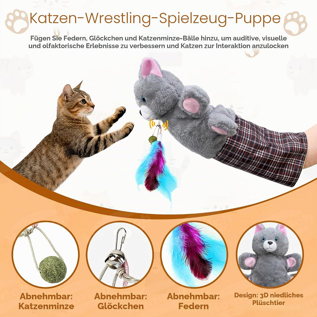 Katzen Wrestling Handschuh, Interaktives Katzenspielzeug Handpuppe mit Plüsch & Katzenminze, dicker