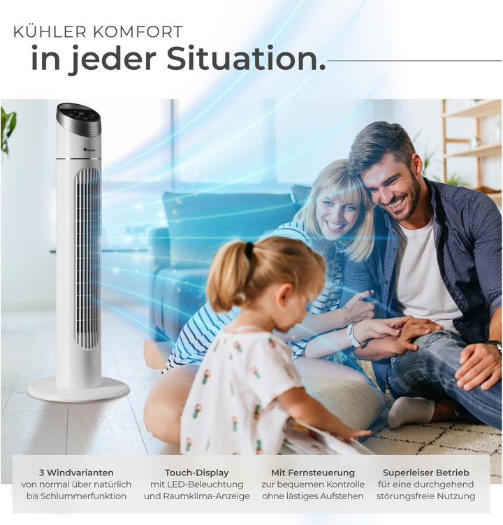 tectake 403922 Turmventilator mit Fernbedienung, 70 Grad Oszillation, 90 cm Höhe, leise, Säulenventi