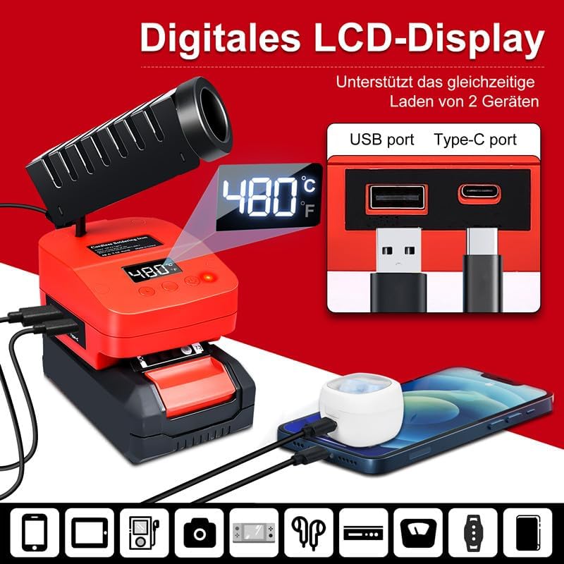 GZYZ Akku-Lötkolben-Set kompatibel mit Ein hell PXC 18V Akku, Tragbarer Lötkolben mit USB und Typ-C,