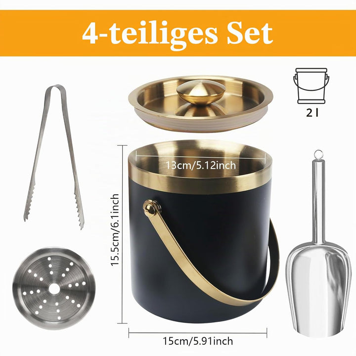 2L Eiseimer Eiswürfelbehälter Eisbehälter Edelstahl, Doppelwandiger Isolierter Eiskübel, Ice Bucket