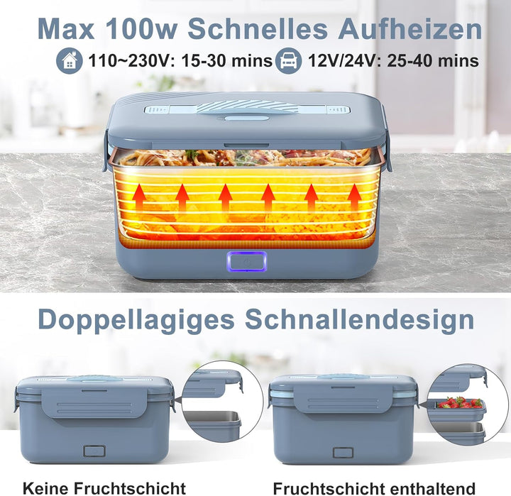 100W Elektrische Lunchbox Erwachsene, 3-in-1 12/24/220V Thermo Lunch box mit Besteck und Isolierter
