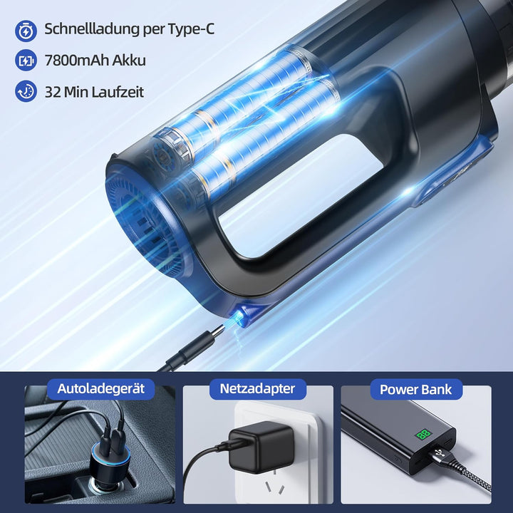 Handstaubsauger, 2-in-1 Akku Staubsauger und Luftgebläse, kabellos 18000Pa mit LED Licht, 130W Motor
