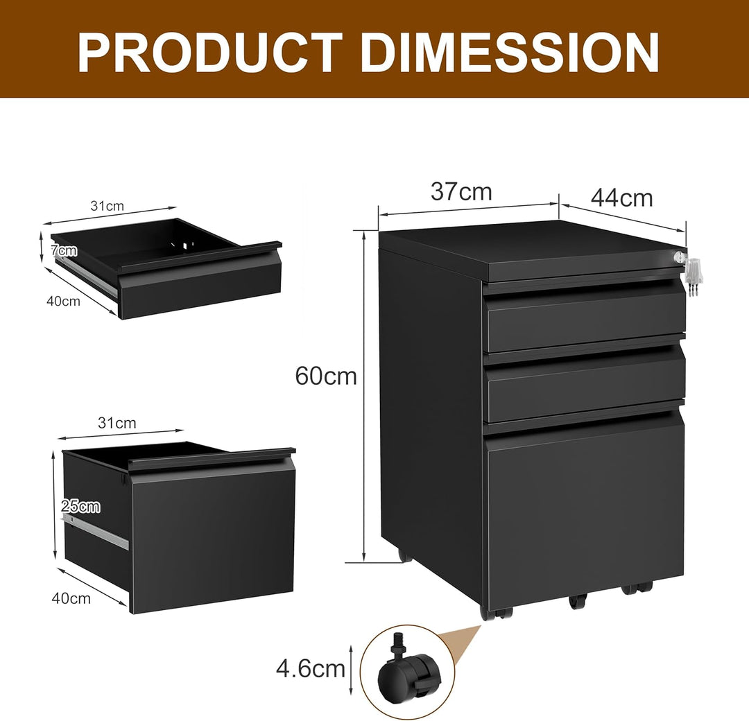 Rollcontainer, Aktenschrank Abschliessbar mit 4 Schlüsseln, Aktenschrank unter Schreibtisch, mit 3 S
