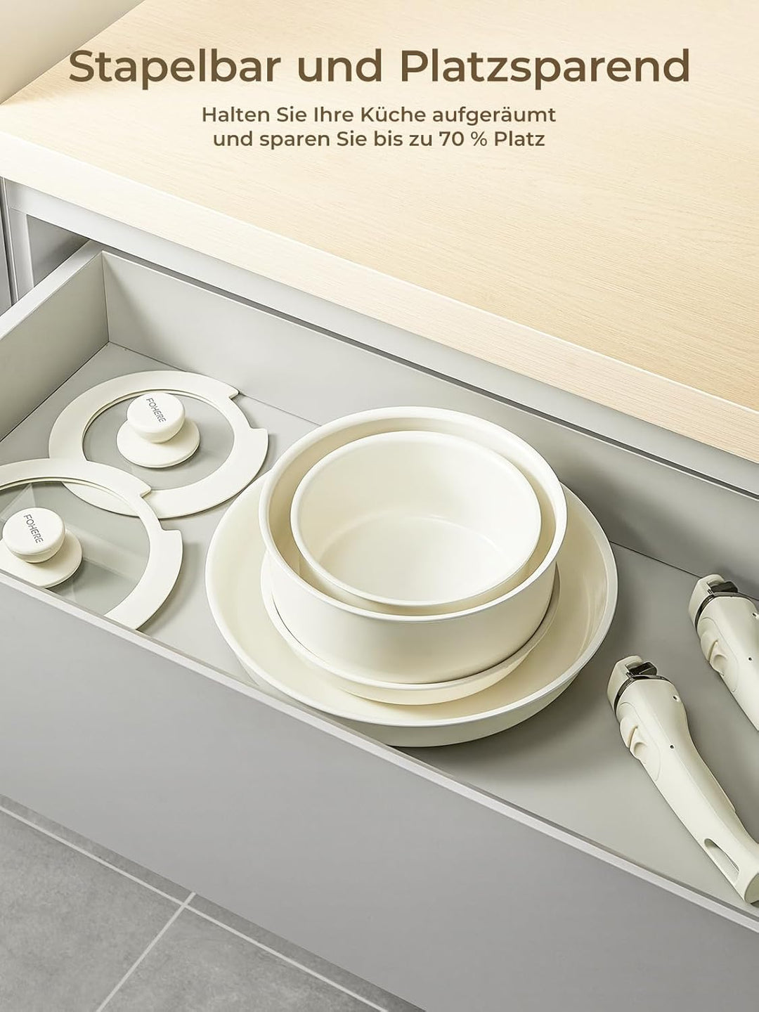 FOHERE Topfset Pfannenset 8-Teilig mit 2 Abnehmbaren Griffen Und 2 Deckel, Pfanne 20/28CM, Topf 2.6/
