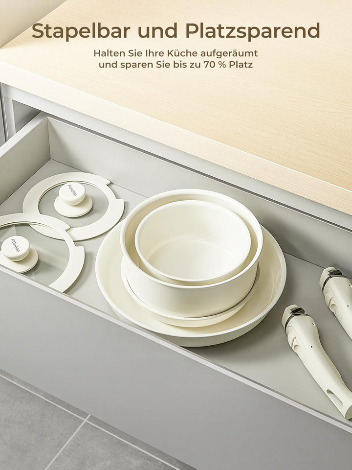 FOHERE Topfset Pfannenset 8-Teilig mit 2 Abnehmbaren Griffen Und 2 Deckel, Pfanne 20/28CM, Topf 2.6/