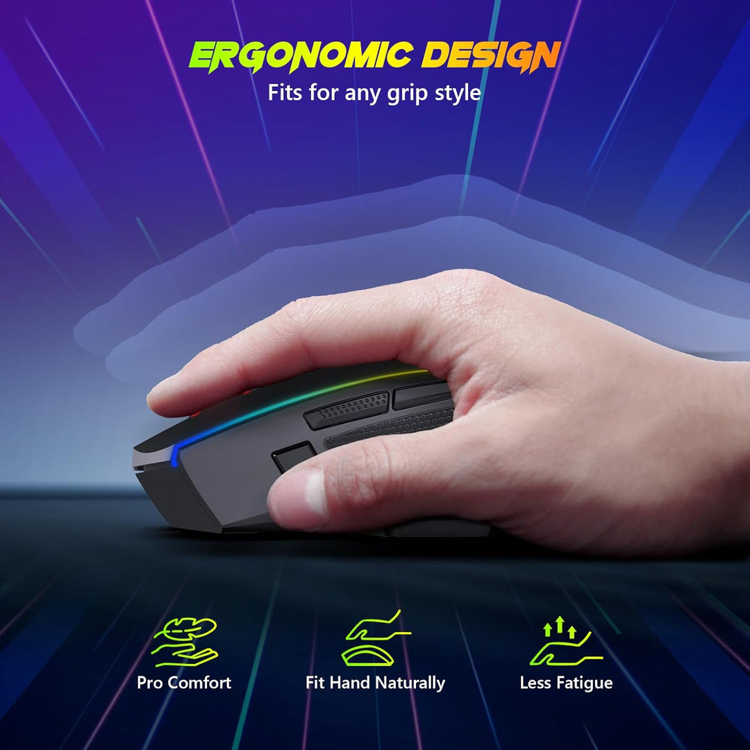 Redragon Kabellose Gaming Mouse, 2.4G/USB-C/Bluetooth Ergonomische Mouse Gaming, 8000 DPI, RGB Back-