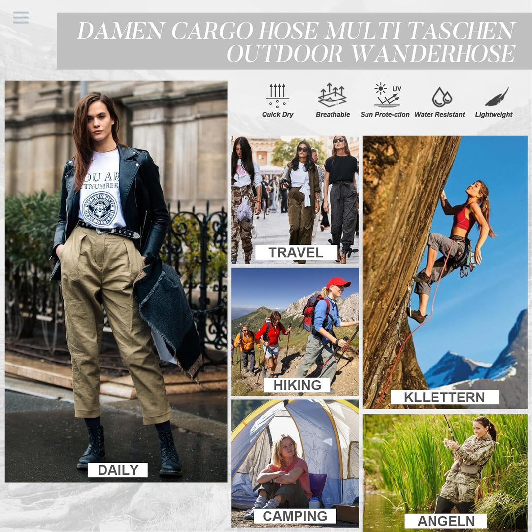 yeyity Cargohose Damen Hosen Multi Taschen Wanderhose Outdoorhose Baumwolle Arbeitshose Jogginghose