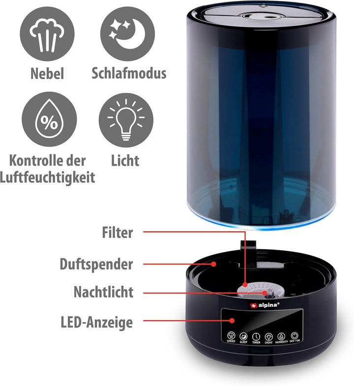 Alpina Luftbefeuchter - 4.3L - Ultrasonic Nebel - mit Timer - Aromatherapien - Nachtlicht - Fernbedi