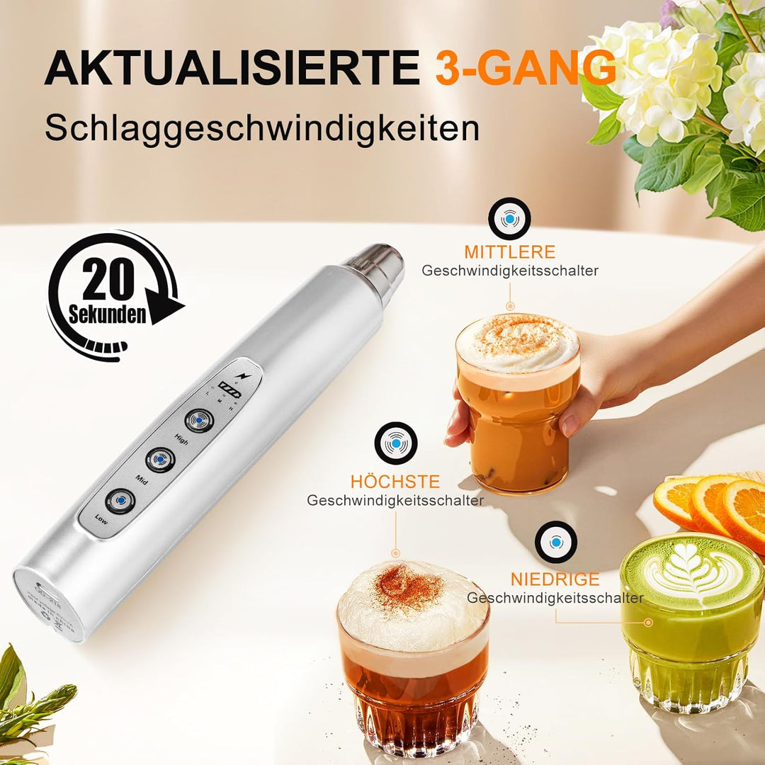 YUSWKO Milchaufschäumer Stab für Kaffee, Usb Wiederaufladbarer Aufschäumer, 3 Schneebesen-Köpfe 3 Ge