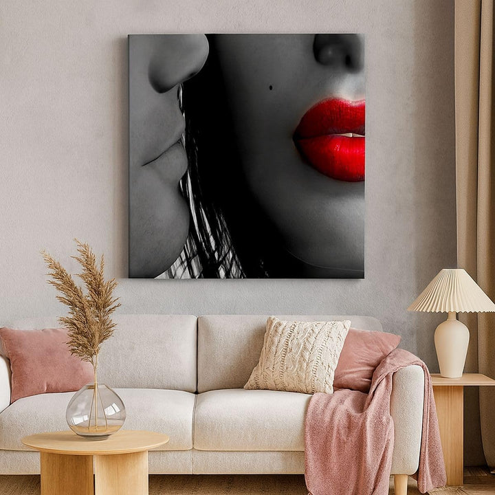 Bilder auf Leinwand Rote Lippen dunkles Haar Modell Liebe Leinwandbild 60x60cm Wandbilder Dekoration