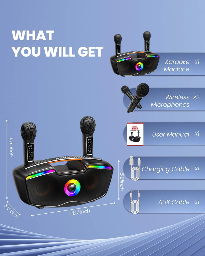 Bluetooth-Karaoke-Maschine für Erwachsene und Kinder, Tragbarer 80-W-Lautsprecher mit 2 Kabellosen M
