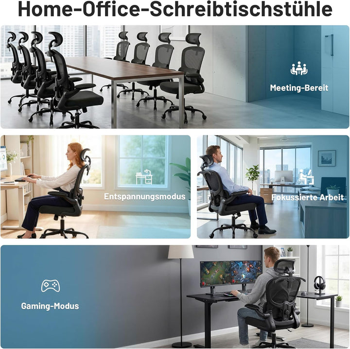 Bürostuhl, Ergonomisch mit Kopfstütze und Verstellbarer Lendenwirbelstütze, Mesh Drehstuhl für Homeo
