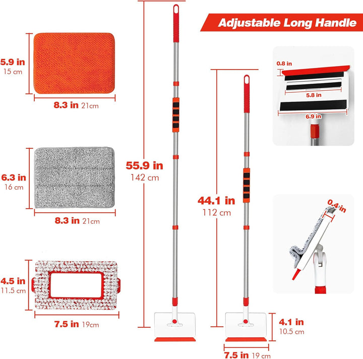 JEHONN Wischmopp Fliesenreiniger Gerät mit Langem Griff 142 cm, Wand und Fussleisten Reiniger, 4-in-