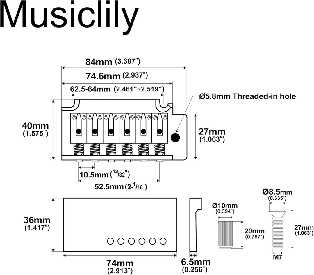 Musiclily Pro 52,5mm 2-Punkt-Stil Gitarren Tremolo Steg Brücke Kurzer Block für Squier Strat, Chrom