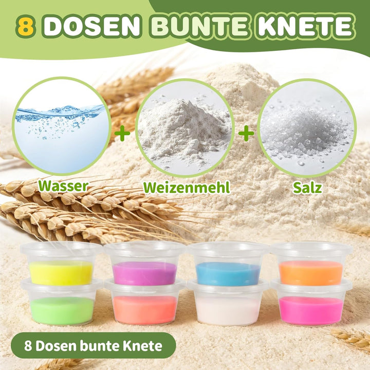 Knete ab 3 Jahre Dinosaurier Kinder Knete im Rollkoffer mit Rädern, 3D Knetwerkzeug & 8 Farben Knetm