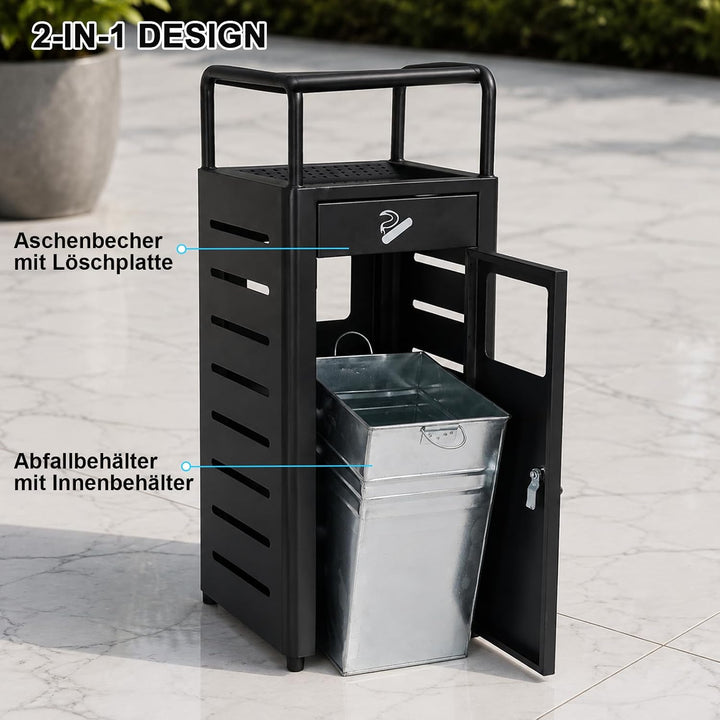 Abfallbehälter mit Aschenbecher für Aussenbereich, Zigarettenabfalleimer mit Innenbehälter und Lösch