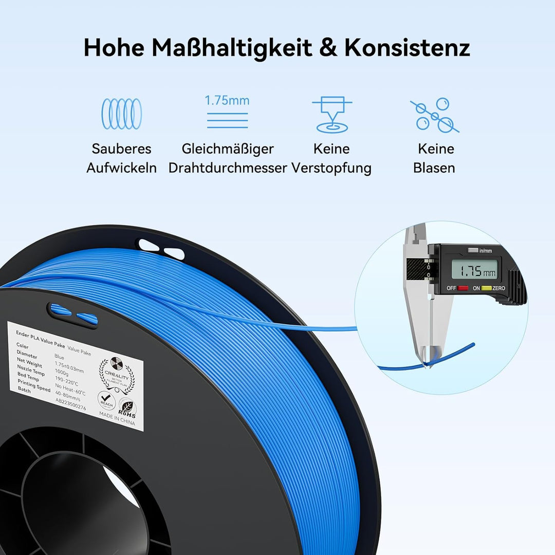 Creality Ender PLA Filament 12er-Pack 1,75mm – Je 2× Schwarz, Weiss, Grau, Blau, Rot, Gelb – Für 3D-