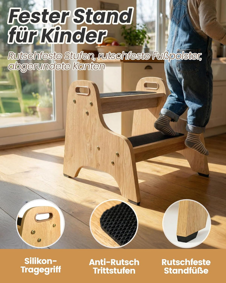 Tritthocker Kinder aus Holz – extra stabil & rutschfest, Anti-Rutsch Stufen, sichere Rundkanten, Fes