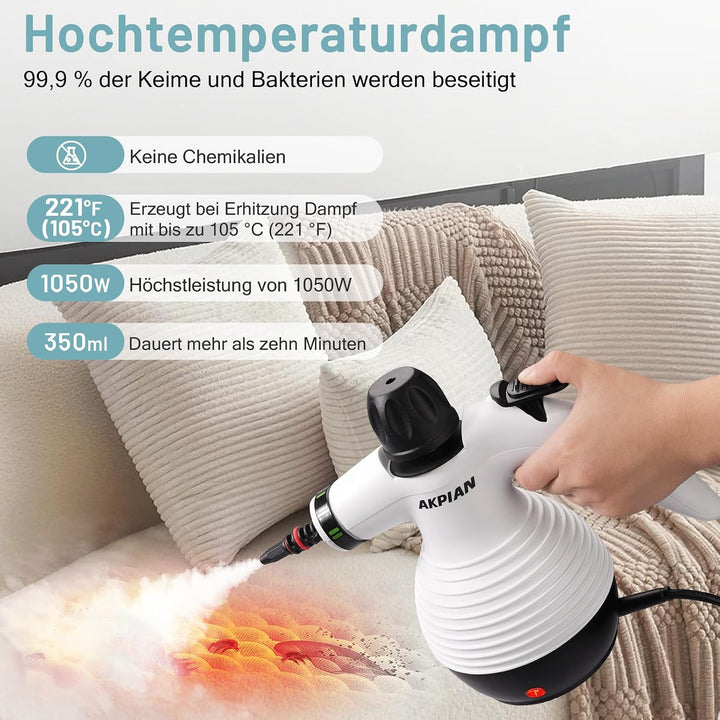 Dampfreiniger Handgerät, Steam Cleaner mit 10 Zubehör | Handdampfreiniger| 105°C (221°F) Heissdampf